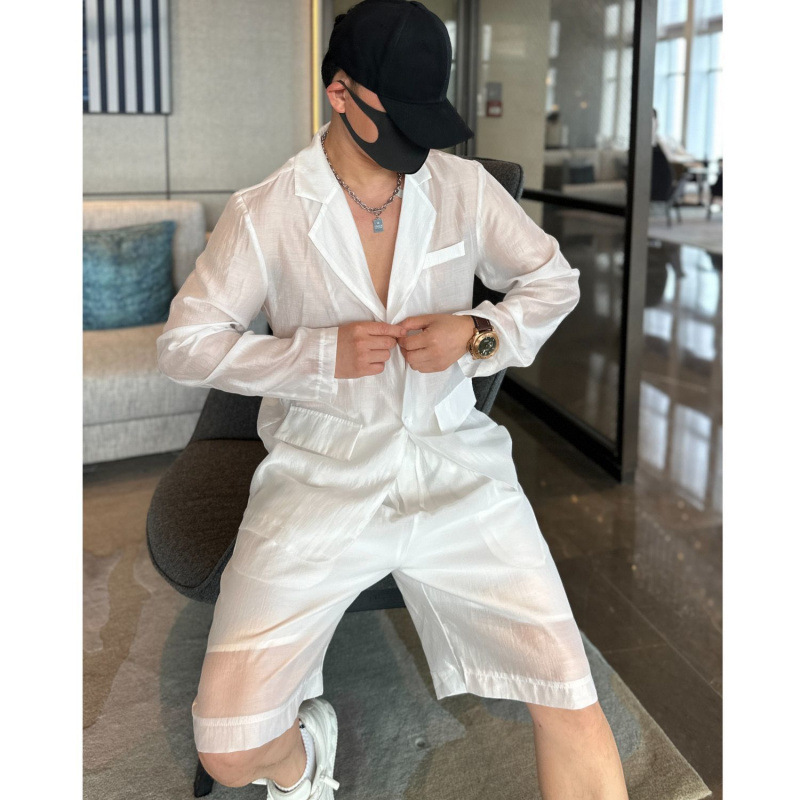 薄手の長袖シャツスーツメンズ夏のファッショントレンドルーズスーツカラーデザインシャツ+クォーターパンツ|undefined