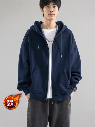 Lined and Thickened Solid Color Hooded Sweatshirt Jacket for Autumn and Winter Streetwear, Loose Fit New Trendy Teenage Boys' Apparel