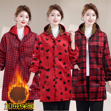 中老年女装秋冬装加大码罩衣妈妈装加绒加厚外套中长款工作罩衣服