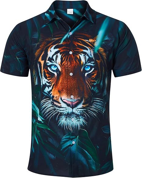 Divertido animal lindo 3D impresión digital hombre calle suelta salvaje manga corta solapa botón camisa hawaiana