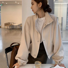 2023新款春秋薄款纯色短款外套女气质慵懒风宽松休闲立领夹克上衣