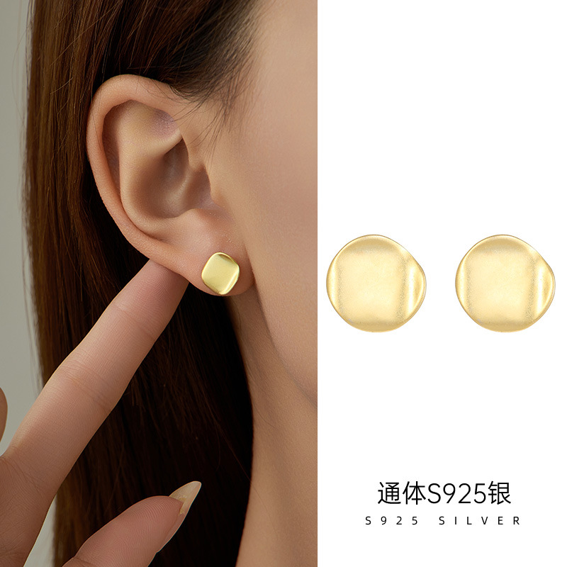 ins冷淡風新款925純銀荷葉耳釘不女簡約不規則磨砂圓片耳環耳飾品