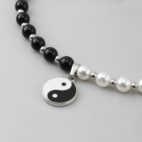 Rapper gogo dancers hiphop dance gossip necklace for unisex fashion hip-hop personality and white pearl pendan Yin and Yang tai chi bagua necklace