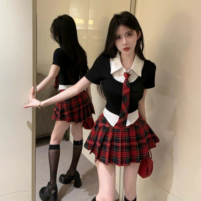 College Style Uniform suit Women's Summer Hot Girl Fake Two-piece Polo Collar Short-sleeved Top High Waist JK Plaid Skirt