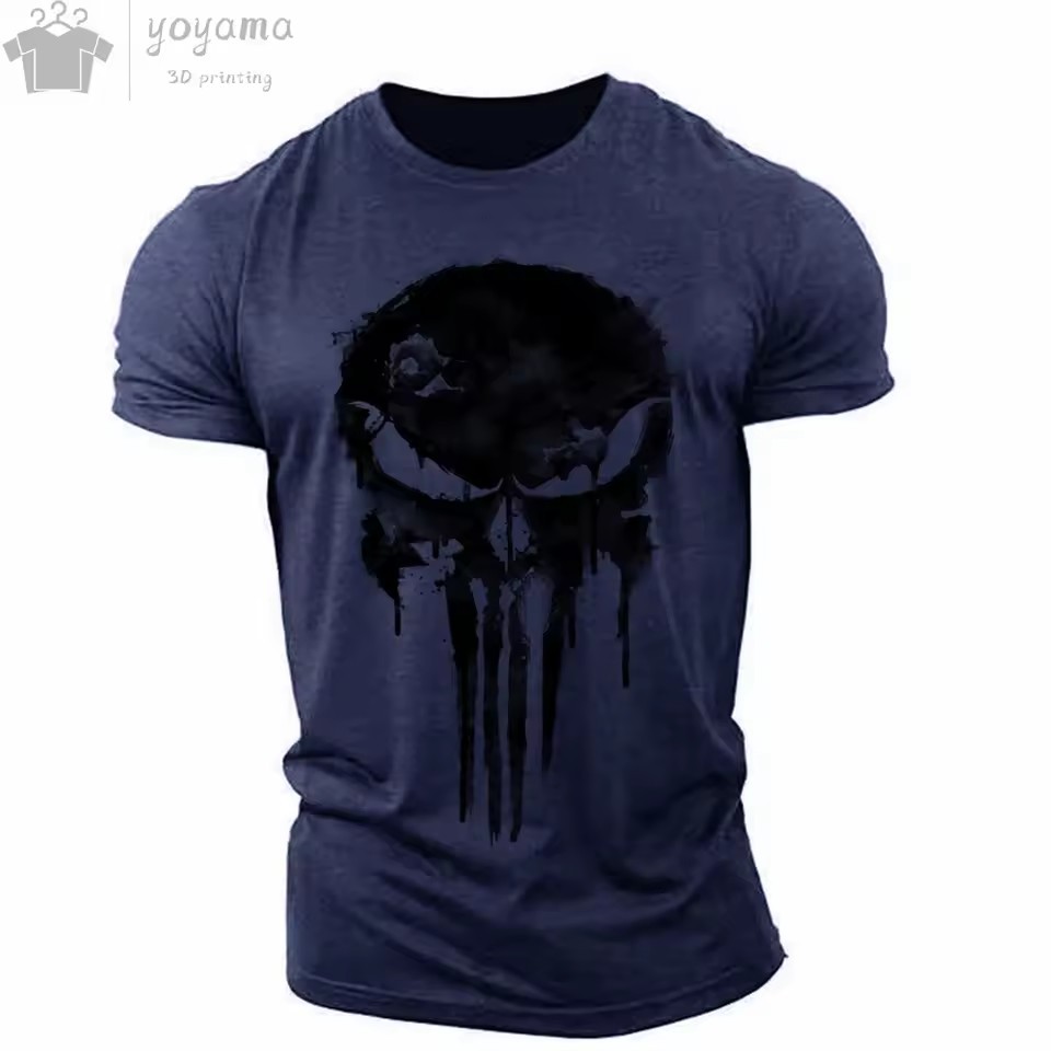 Moda venta caliente tinta calavera graffiti impresión 3D hombres verano calle moda hombro redondo cuello redondo camiseta de manga corta