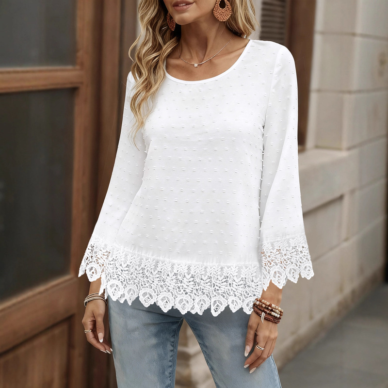 Shirt 2025 New White Solid Contrast Color Lace Trim Shirt Long Sleeve Round Neck Casual Shirt Women's Ready Stock