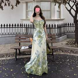 法式莫奈花园绿色连衣裙女款夏季气质海边度假荷叶边裙子