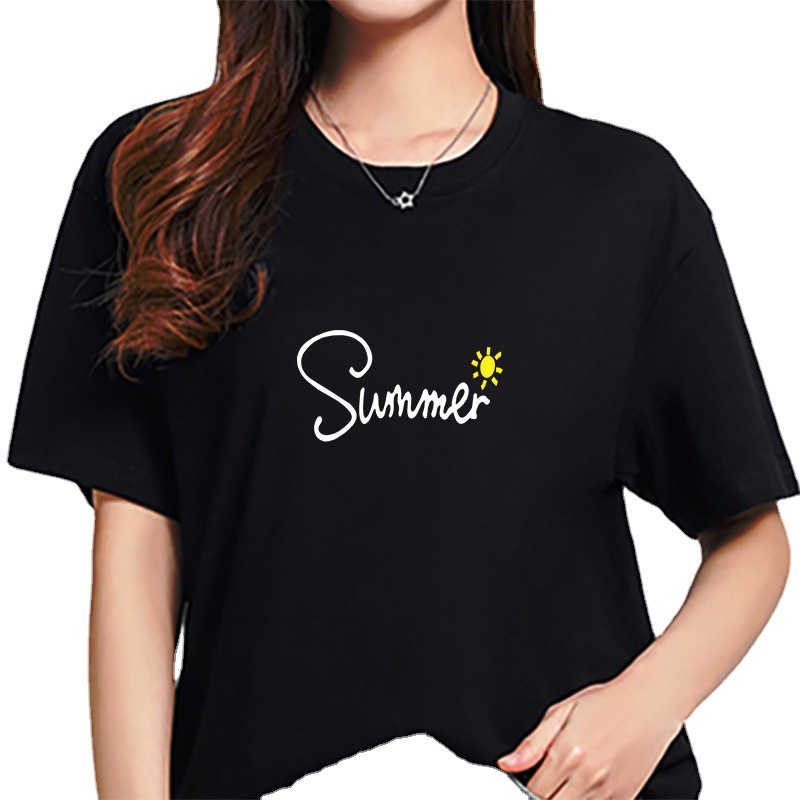 2023 Summer New Women's Clothing Black Loose Pure Cotton Round Neck Short-sleeved T-shirt Women's Printed Casual Top Clothes Stall