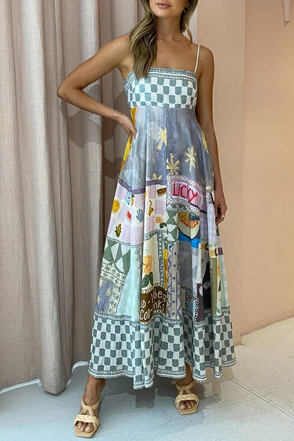 Polyester Fabric Type Wholesale Women's Streetwear Printing Geometric Letter Plaid Holiday Beach Strap Sleeveless Strap Dress