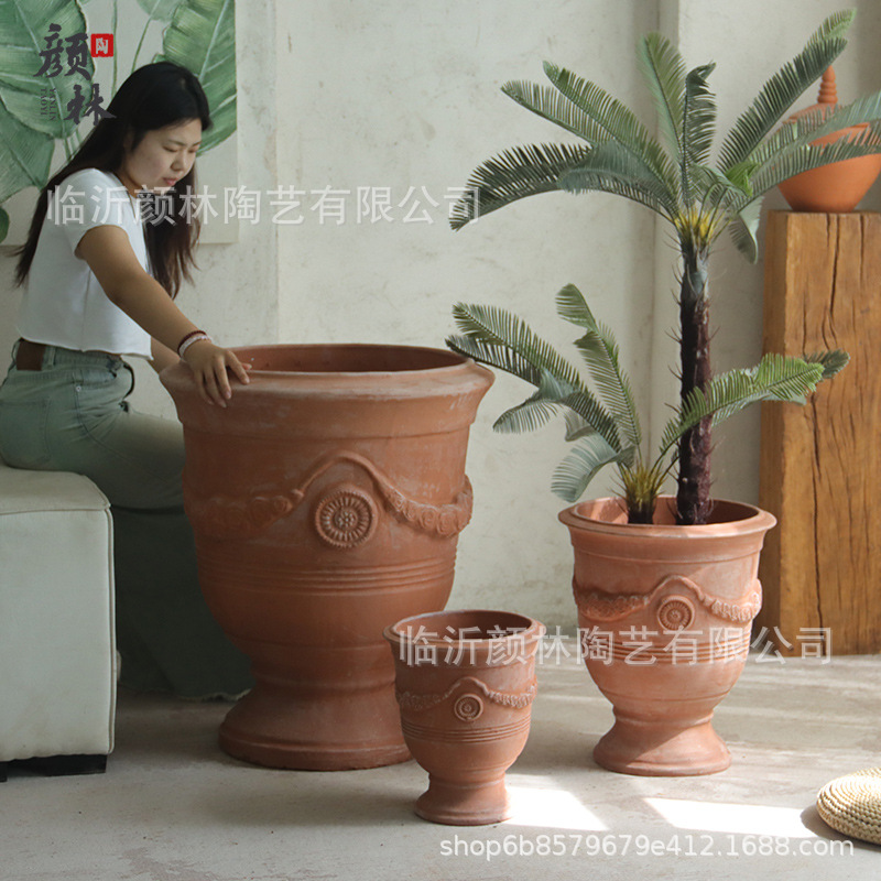 Taza de cerámica roja maceta de cerámica gruesa comercio exterior de cerámica roja europea paisaje pastoral maceta verde de gran calibre