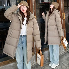 跨境批发秋冬加厚外套大码连帽中长款棉服连帽纯色工作服棉衣女