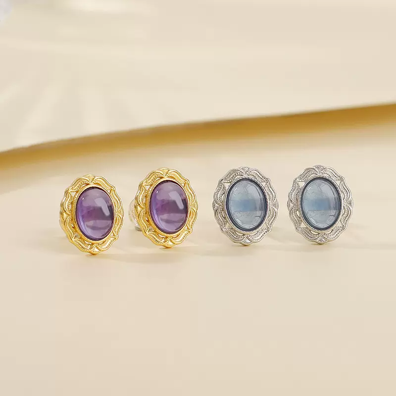 悦宝珠宝紫水晶耳饰S925纯银镀金海蓝宝蛋面椭圆花纹耳钉现货批发