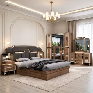 TNBK2104 现代轻奢卧室成套家具，深灰软包大床 镜面衣柜 梳妆台