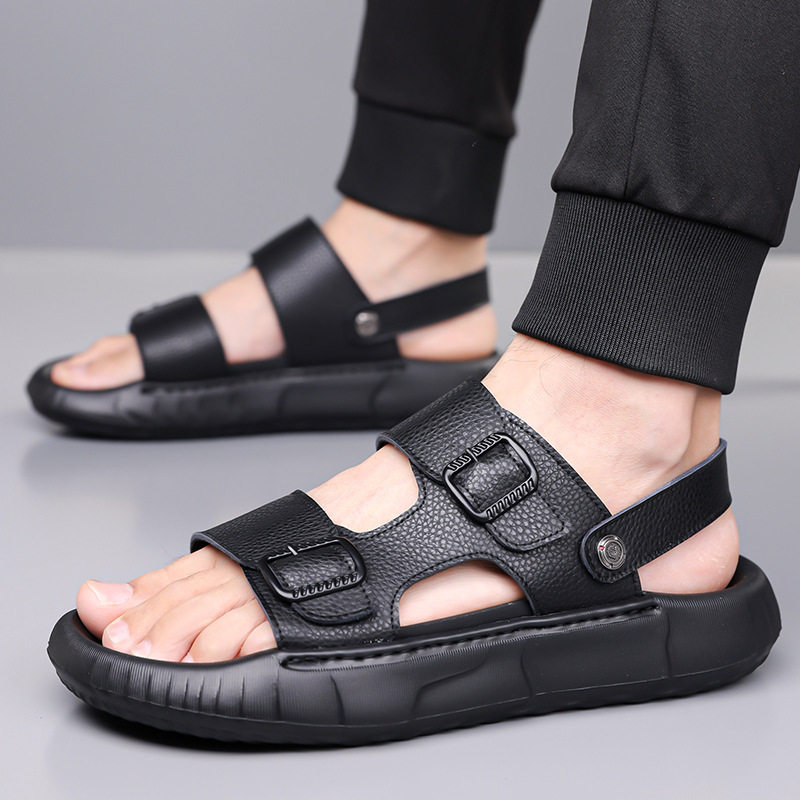 Dép sandal nam da bò lớp đầu hở ngón thoáng khí chống trượt đi biển — GA07 màu nâu, GA07 màu đen