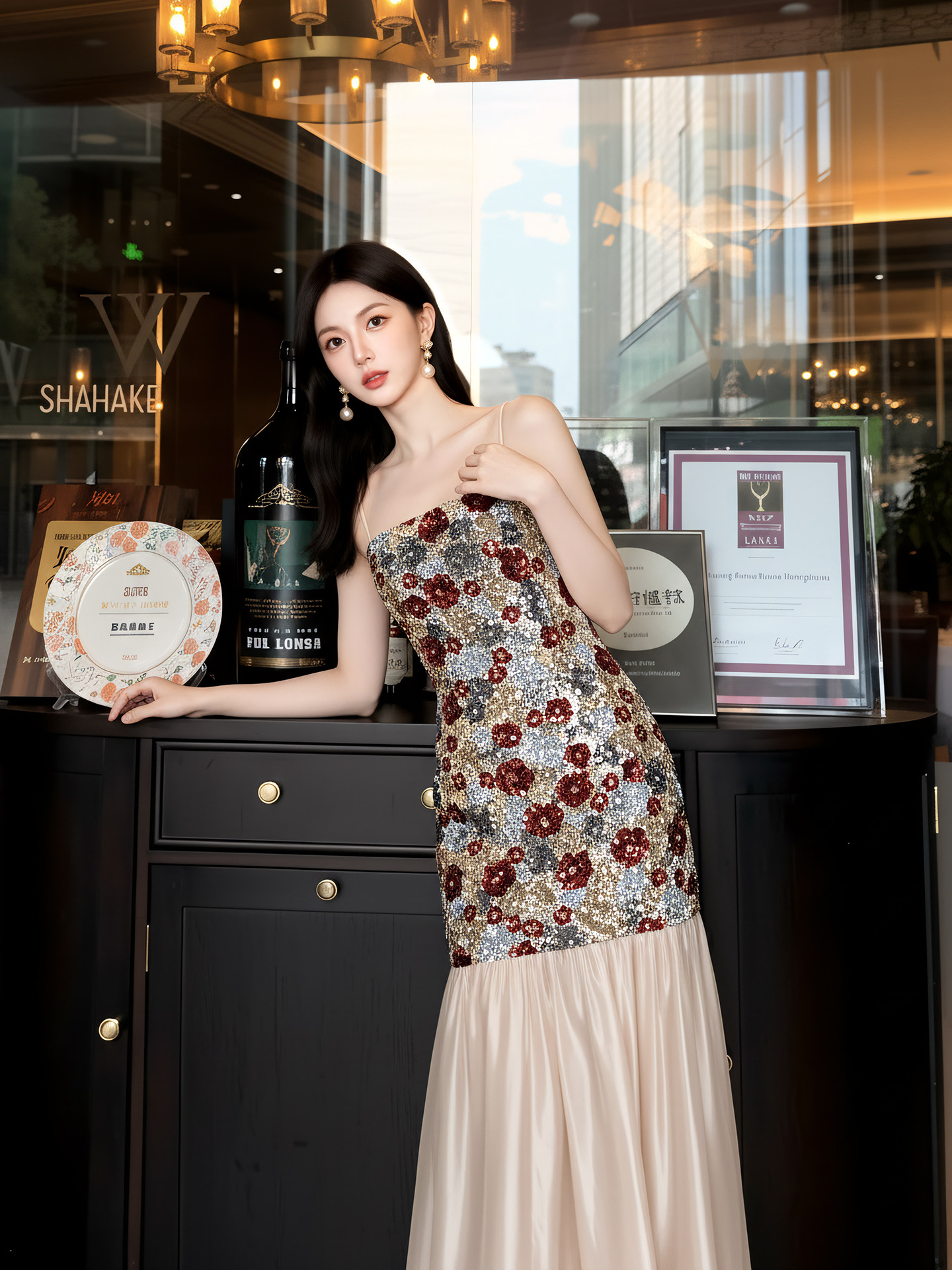 Bộ đầm dây maxi thêu ren kết hợp kim sa phong cách Tân Trung Hoa + áo khoác choàng vai — Trang chủ, bộ đồ, đầm dây