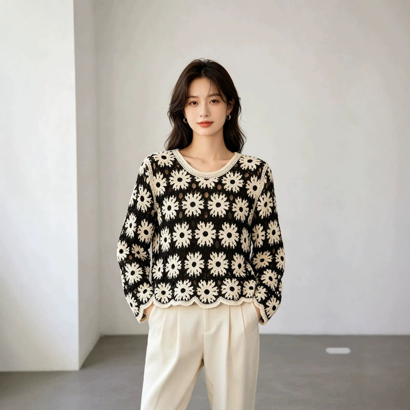 Vintage Daisy Crochet Hollow Knit Sweater for Women, Round Neck, Long Sleeve, Short Lace Cardigan, Wholesale Vintage Daisy Crochet Hollow Knit Sweater for Women, Round Neck, Long Sleeve, Short Lace Cardigan, Wholesale