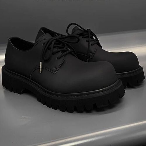 Derby shoes, men's low-cut Martin boots, British style round head shoes, black work shoes, thick soles, height-increasing casual leather shoes