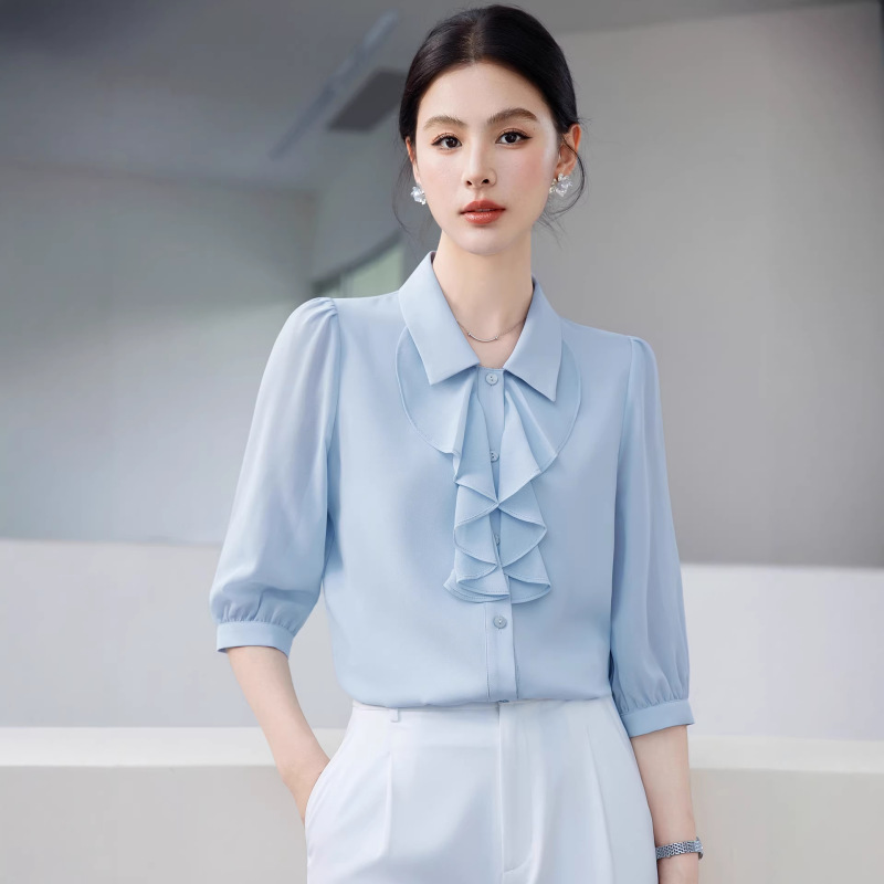 French-Style Ruffled Chiffon Blouse with Long Sleeves, New Spring and Autumn Style, Elegant Shirt for Petite Women, Professional Commuting Women's Shirt