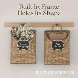 跨境水葫芦草编收纳篮壁挂式钥匙杂物储物筐带小黑板干花篮编织筐