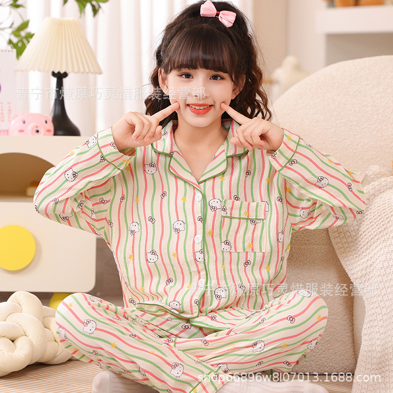 Pijama de niñas primavera y otoño dibujos animados tela espuma de tela delgada manga larga lindo ropa para niños de tamaño medio y grande ropa para el hogar