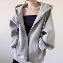 一线即墨棉质灰色拉链开衫卫衣女春秋连帽宽松韩系外套上衣服