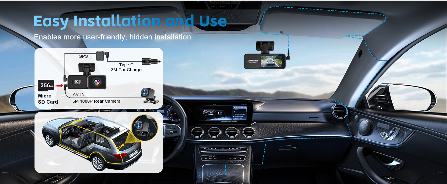 4K Front and Rear Dual Camera Dash Cam Wifi Ultra HD Night Vision 24H Parking Monitoring GPS Backup Camera