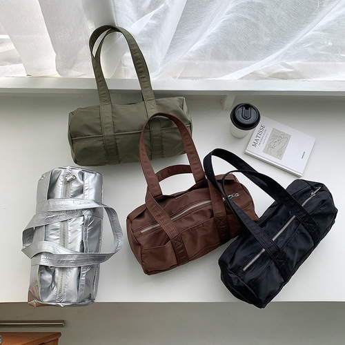  New Korean Casual Large Capacity Underarm Cylinder Bag Sports Portable Nylon Bag Solid Color Handbag Niche