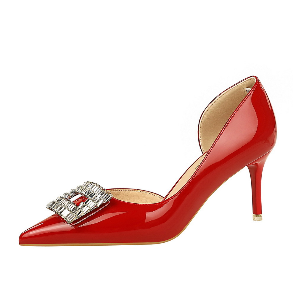 638-AK50 banquet high-heeled shoes with thin heels, shallow mouth, pointed toe, patent leather, side hollow out rhinestone high heels, single shoes for women