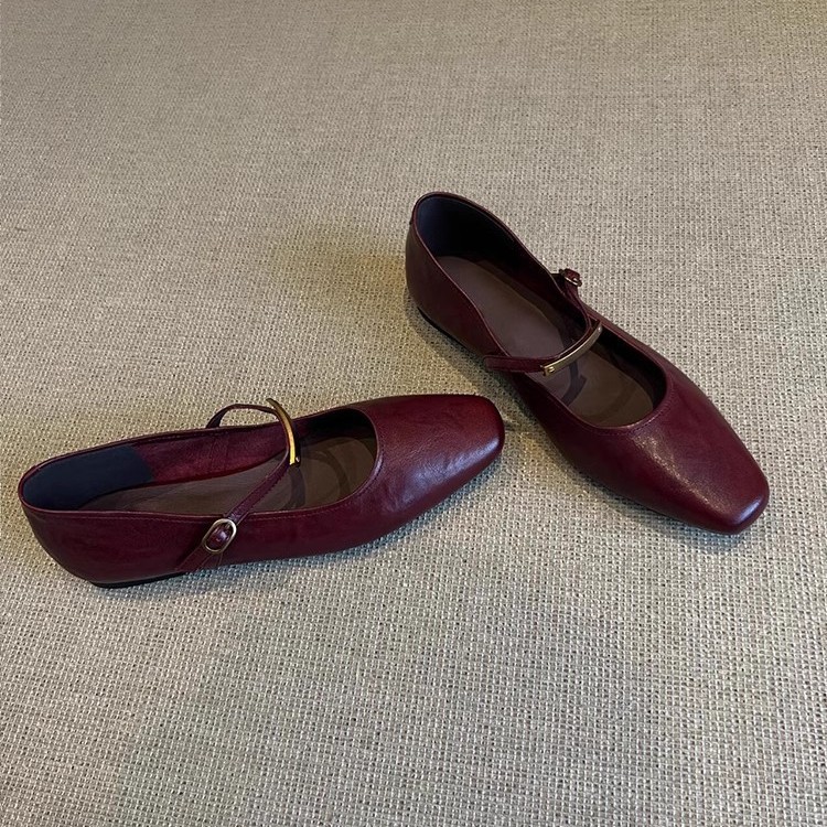 양가죽 레트로 스타일 정품 가죽 스퀘어토 얕은굽 원스트랩 메리제인 여성 플랫 슈즈, 다용도 통근용 가죽 슈즈