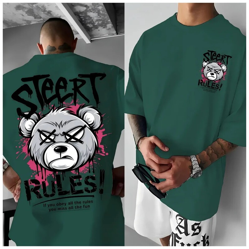 Pure Cotton Short-Sleeve T-Shirt for Men, Angry Bear Print, Round Neck, Outdoor Style, New Summer Breathable Street Print Men's Top Pure Cotton Short-Sleeve T-Shirt for Men, Angry Bear Print, Round Neck, Outdoor Style, New Summer Breathable Street Print Men's Top