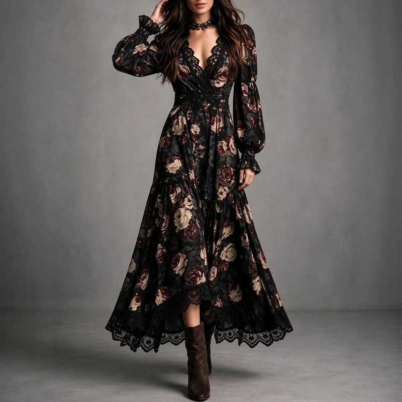 European and American cross-border women's long dress, featuring a retro rose print fabric, a wrap-style design, a pleated waist, and lace trim European and American cross-border women's long dress, featuring a retro rose print fabric, a wrap-style design, a pleated waist, and lace trim