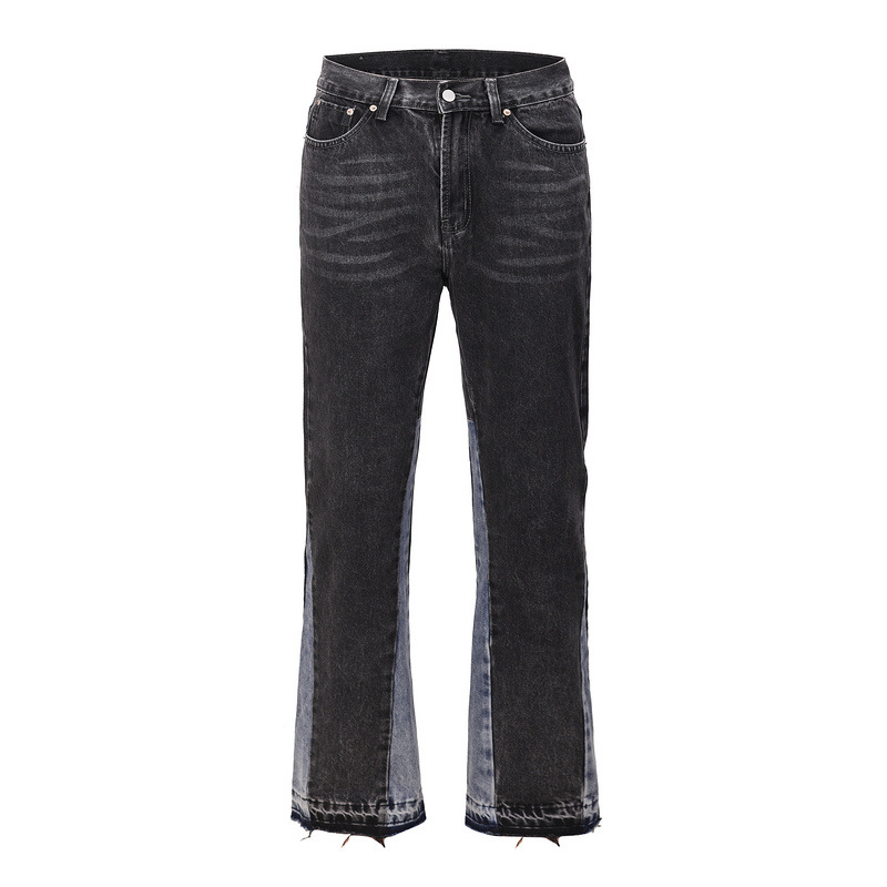 欧美高街水ins同款男水洗vibe风宽松拼接微喇叭裤脚牛仔裤jeans