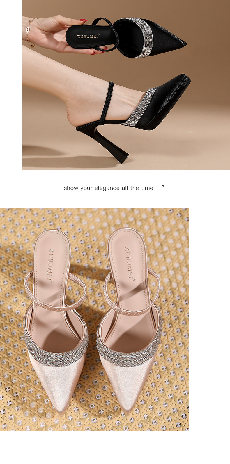 Sandal cao gót nữ mũi nhọn đính đá, quai một dây ngang, đế platform, gót nhọn 10 cm — Champagne-10cm chi tiết 7