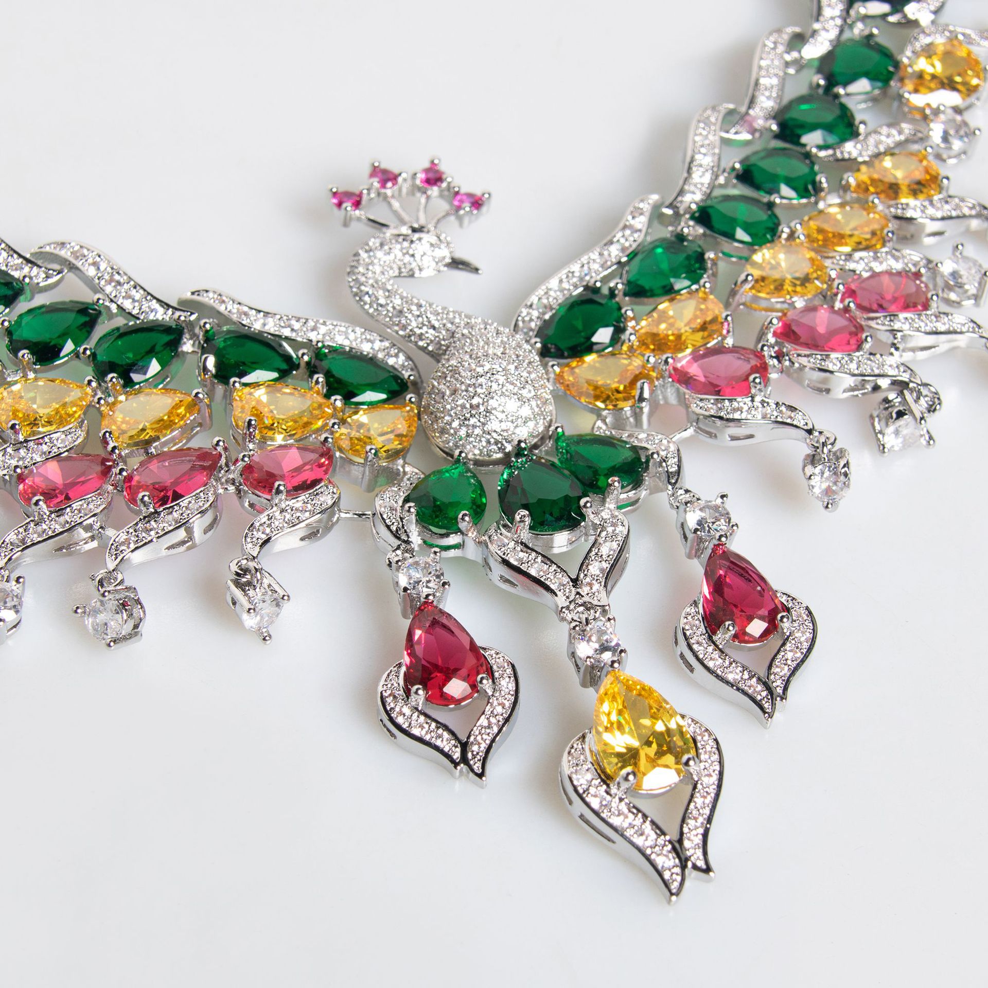 ethnic style bride zircon peacock shape earrings set tassel colorful clavicle necklace jewelry set_voghion.com