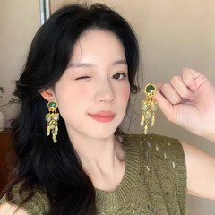 中古vintage绿色长流苏耳环女复古宫廷风耳钉夸张气质高级感耳饰