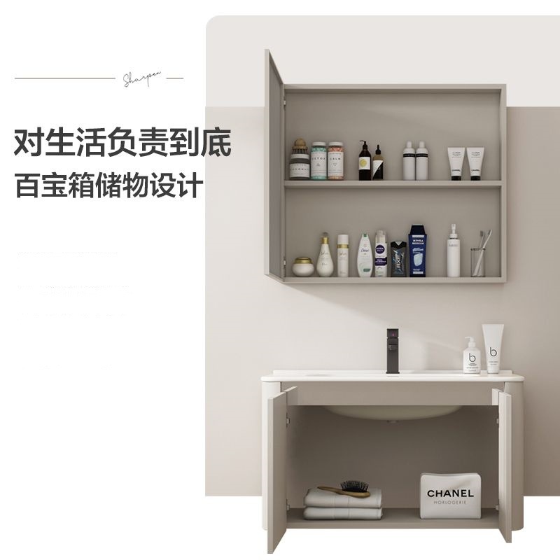 Estilo crema espacio de aluminio baño gabinete hogar lavabo baño integrado de cerámica lavabo gabinete combinación
