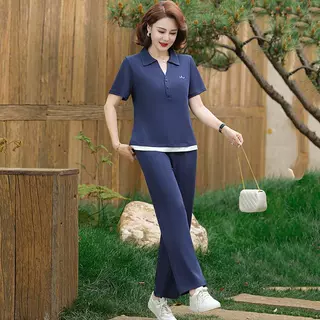 妈妈夏装短袖套装2026新款中老年女夏季洋气高贵直筒裤两件套宽松