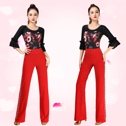 Jitterbug modern Latin new dance costume printed mid-sleeve top diamond pants dance costume