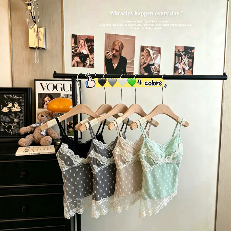 33079 # Resort-Style Design, Fake Two-Piece Mesh Vest for Women, Summer Polka Dot Lace Mesh Camisole with Breast Pads 33079 # Resort-Style Design, Fake Two-Piece Mesh Vest for Women, Summer Polka Dot Lace Mesh Camisole with Breast Pads