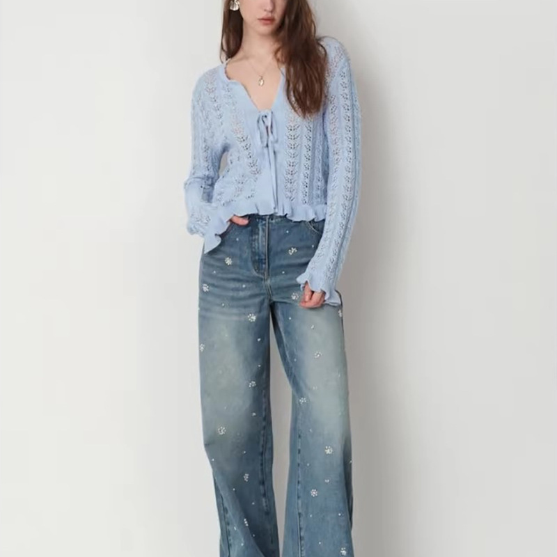 Vacation Style Hollow-Out Crochet Lace-Up Drop-Shoulder Cotton Knit Cardigan Air-Conditioning Shirt for Women New Style