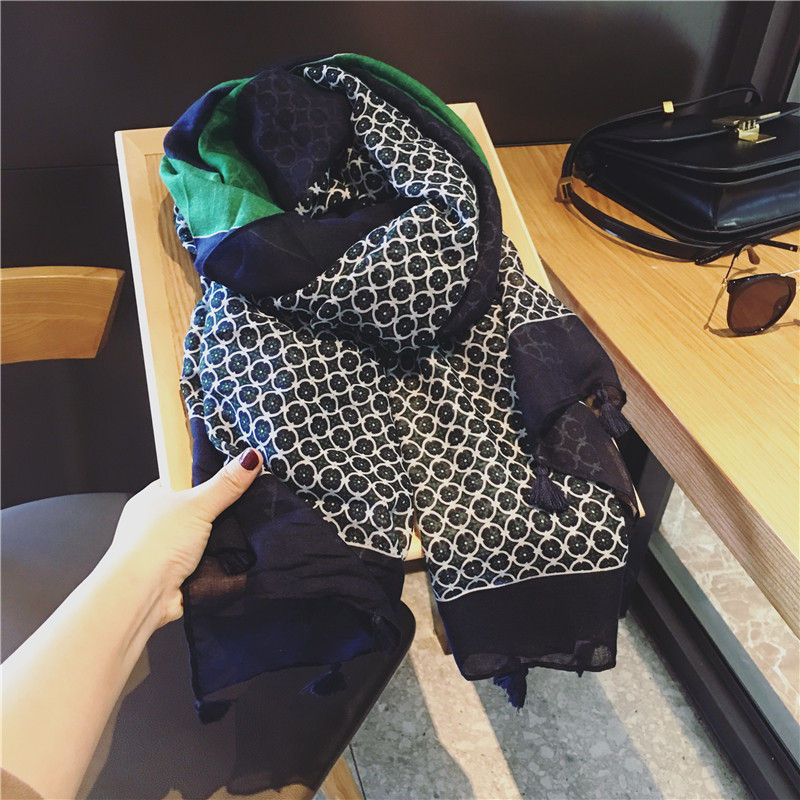 春夏季韩版巴厘纱围巾女洋派绿色圆圈拼接旅游海边度假百搭沙滩披
