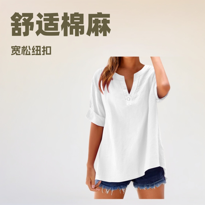 2026 Amazon Cross-Border Spring and Summer New Cotton and Linen Button-Down Shirt Casual Loose Elegant Plus-Size V-Neck Top