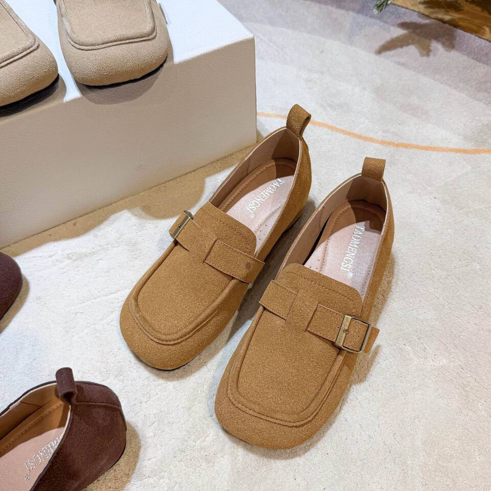 Giày lười nữ da lộn mũi tròn tăng chiều cao 5 cm phong cách Hàn Quốc — Khaki (toàn dải), Màu mơ (toàn dải), nâu sẫm