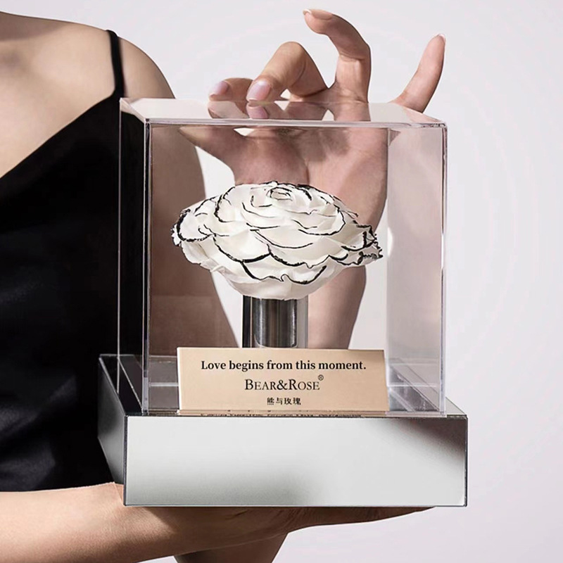 Caja de regalo de amor portátil de espejo personalizado al por mayor flores CD caja de flores de acrílico transparente caja de regalo de tapa de cesta de flores
