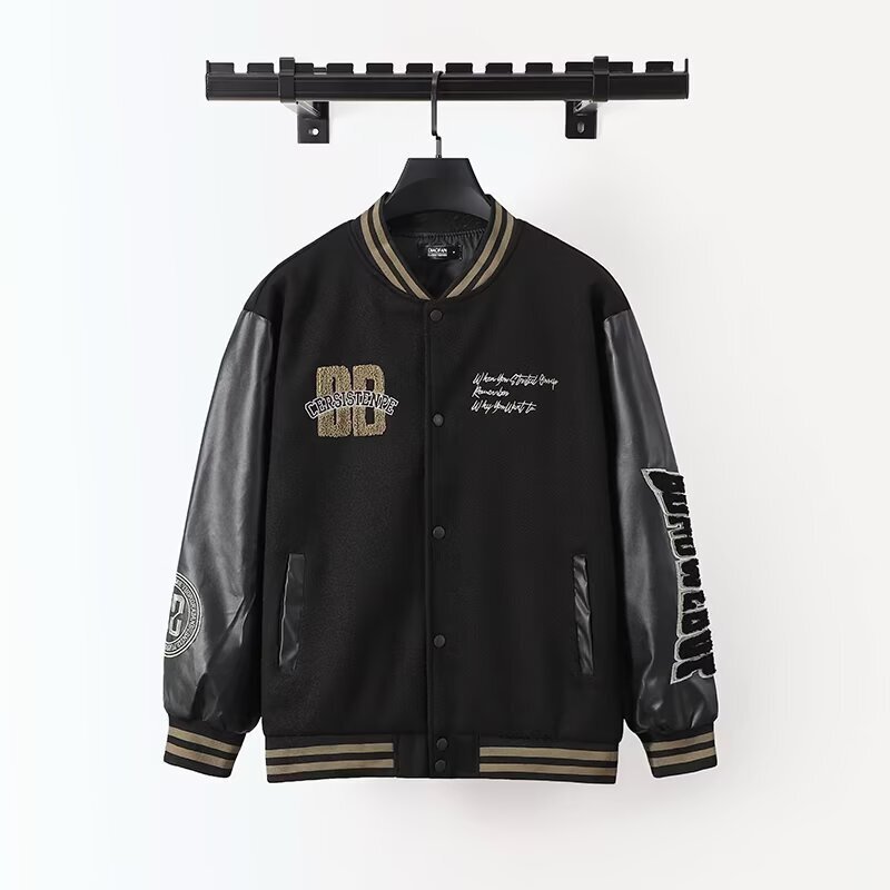 American Retro Pu Leather Sleeves Spliced ​​Embroidered Baseball Jacket Men's Spring & Fall Casual Loose Trendy Brand Pilot Jacket