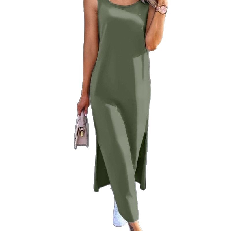 Women's Clothing Summer Solid Color Women's Dress Style Back Hollowed Out Lace Sleeveless Slit Design For Casual Occasions_ecoleips.com