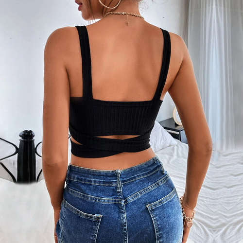 INS European and American style 2024 cross-border women's clothing sexy hollow backless slim ultra short camisole sleeveless top