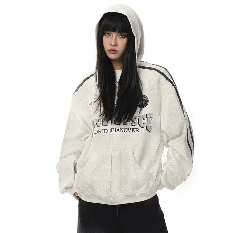 Vin Muk American Retro Sports Badge Zipper Sweatshirt High-End Loose Casual Zipper Cardigan Jacket Trendy