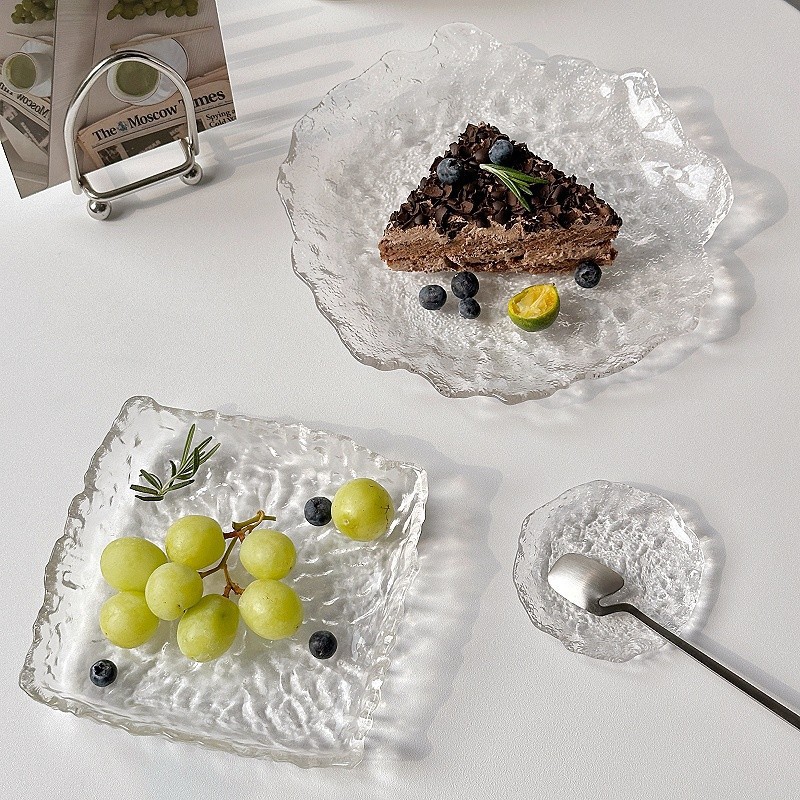 Plato de vidrio irregular glaciar japonés plato de refrigerio casero plato de frutas bandeja de postre circular cubiertos