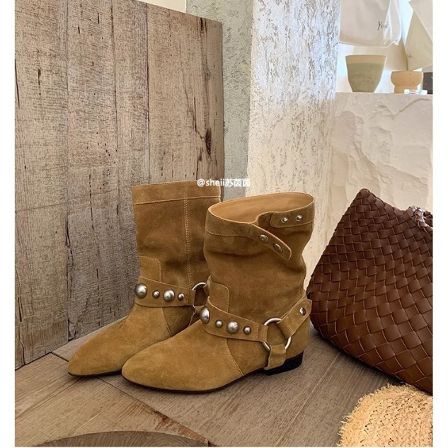 Sichuan Girl GD Edition Rivet Outdoor Autumn Coarse Heel Western Cowboy Short Women Martin Velvet Leather Pointed Boots_voghion.com